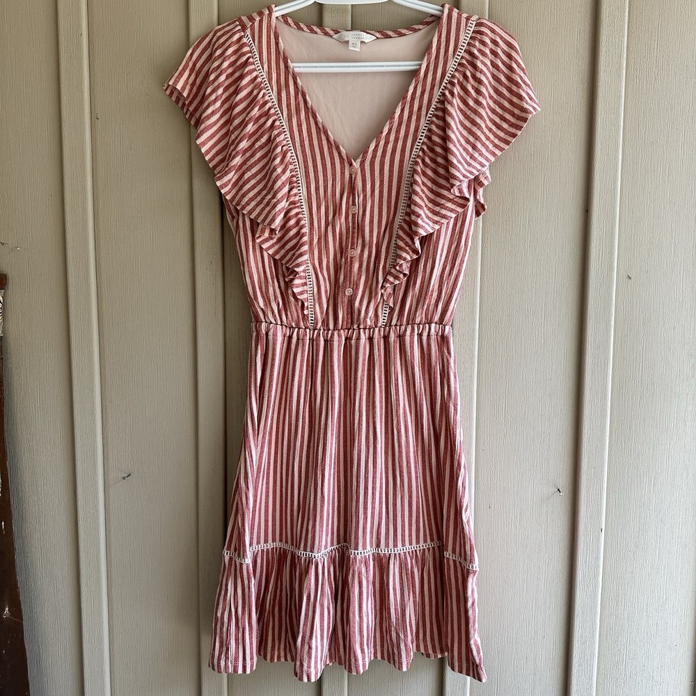 LC Lauren Conrad Red Striped Mini Stretchy V Neck Dress Flutter Soft Ruffles XS